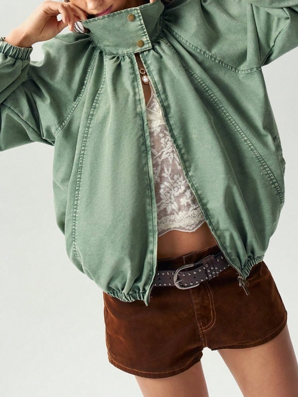 Green Casual Women's Woven 3/4 Sleeve Loose Fit Washed Jacket